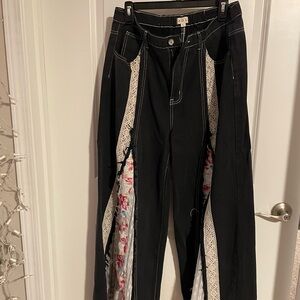 POL Black Pants with Lace and Floral Accents
